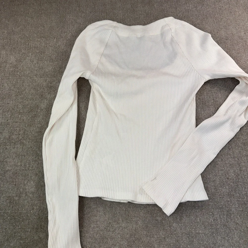 Anthropologie Ribbed Square Neck Long Sleeve Top Cream XS